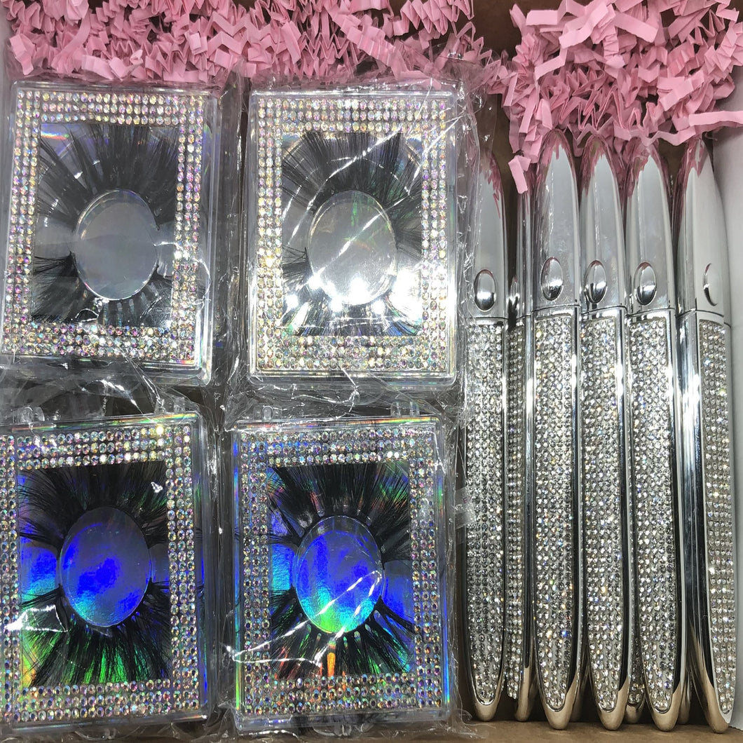 Starter Kit - 25MM LASHES | 10 Pairs| 10 Bling Holographic Cases|10 Adhesive Bling Pens! 5 Different Styles Included